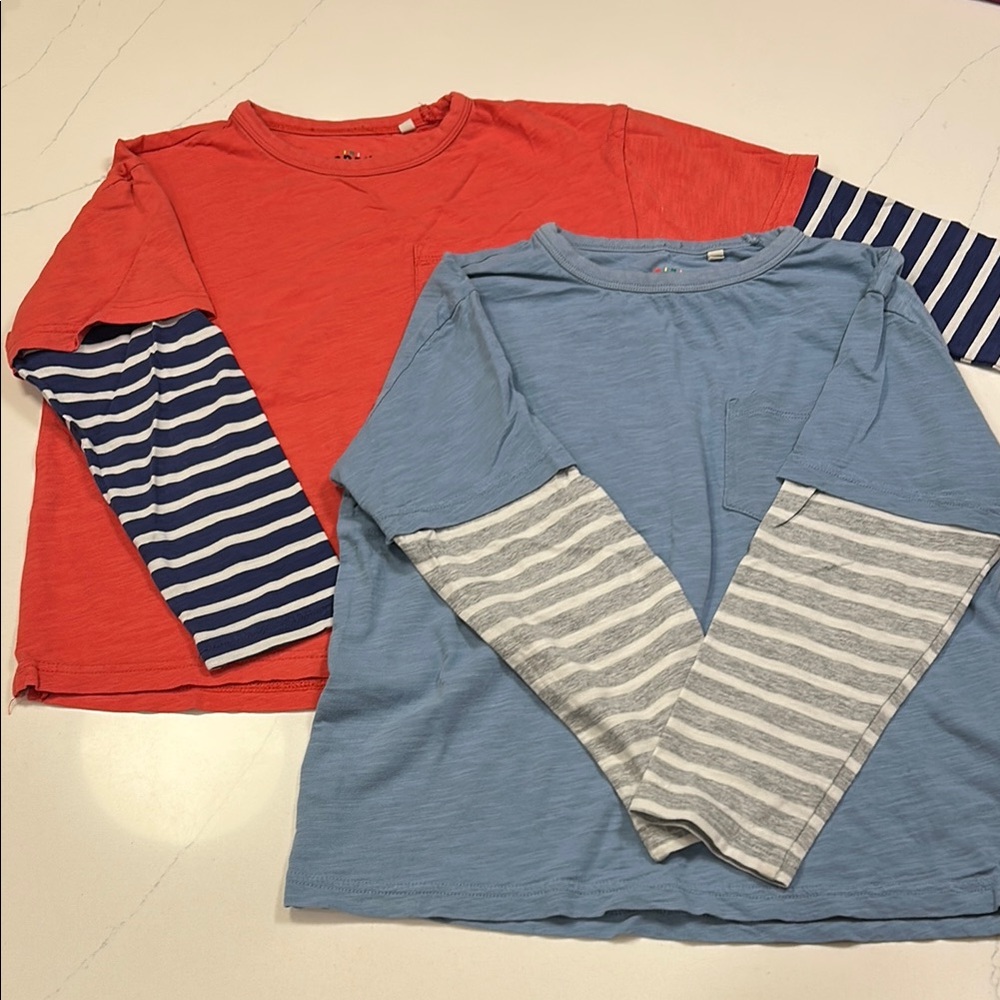 2-pack! Mini Boden Red and Blue Long Sleeve Tees with Striped Sleeves
